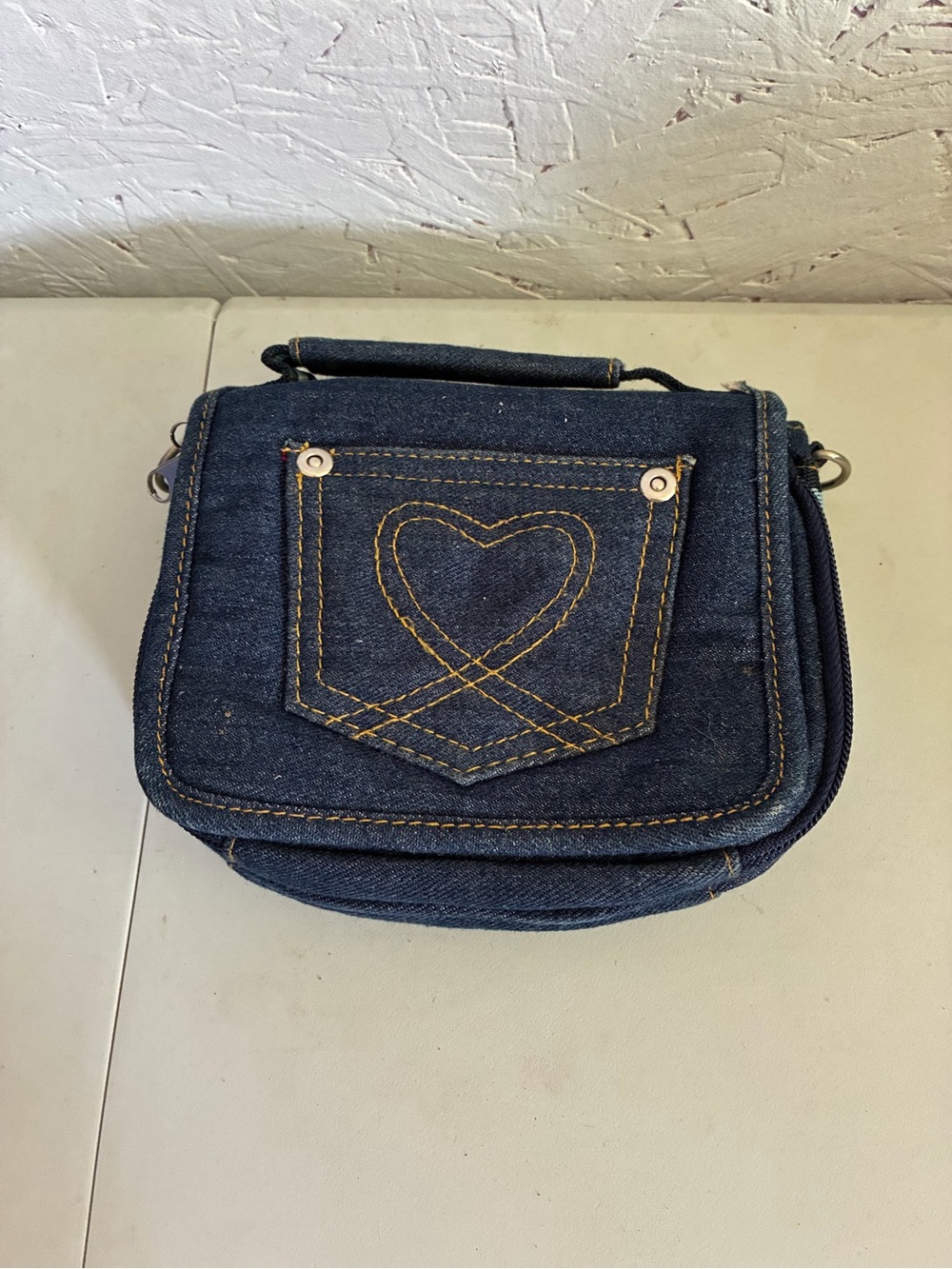 Denim Mini Crossbody Bag with Heart Stitch - Navy Blue